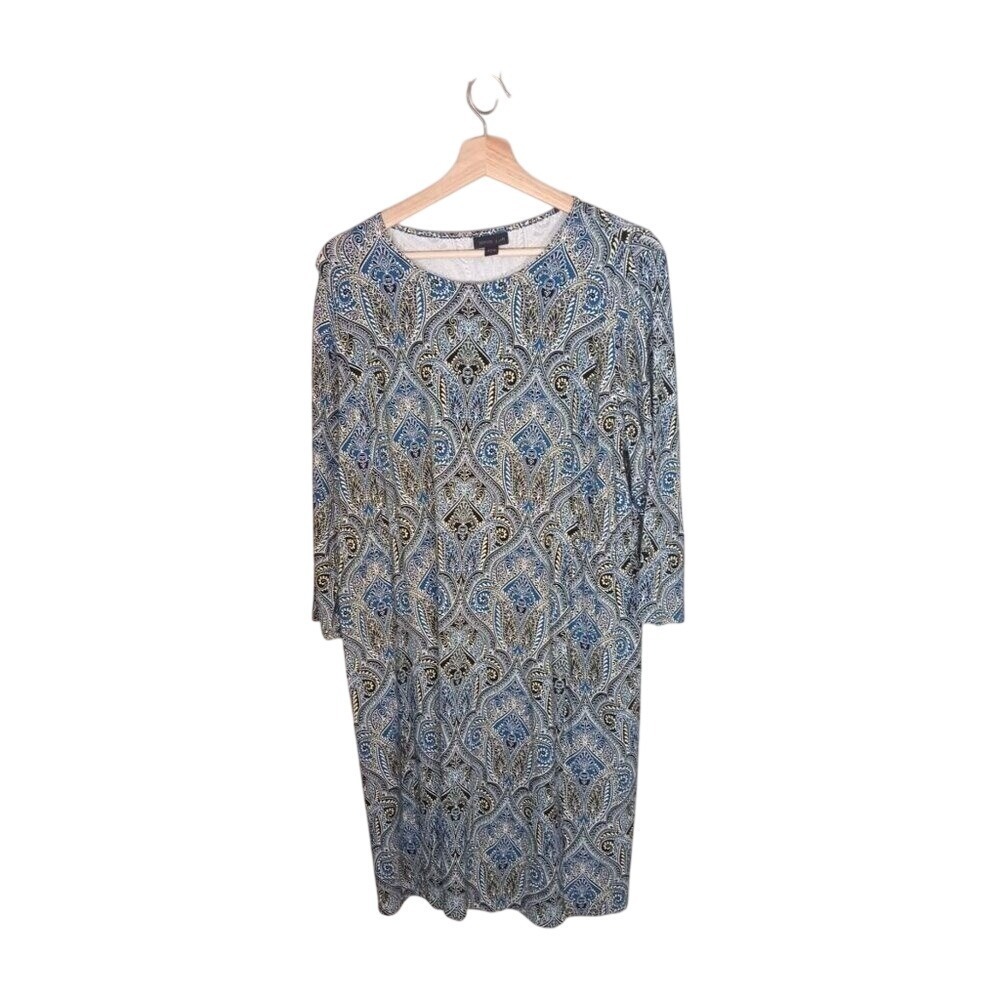 J.Jill Paisley Medallion Knit Dress Women's Large Blue Stretch Jersey 3/4 Sleeve